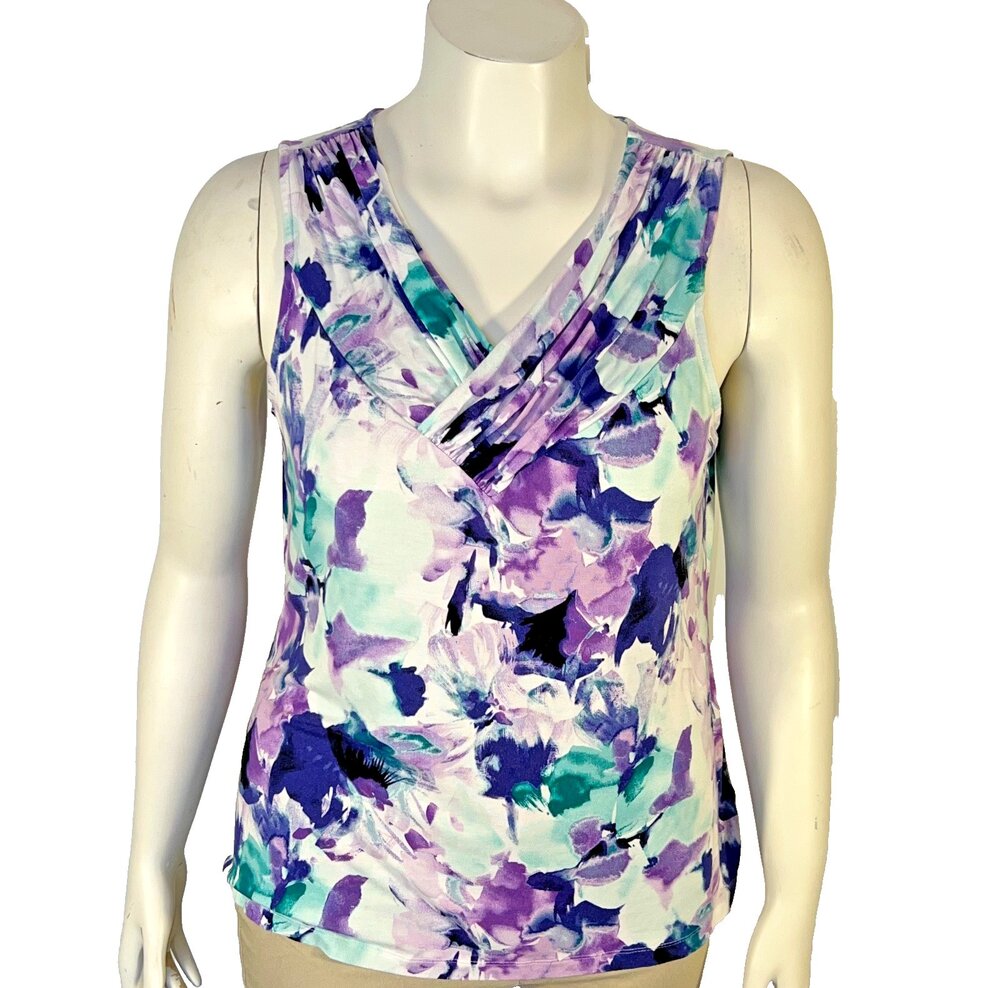 212 Collection Tank Blouse Womens L Wrap V-Neck White Purple Floral